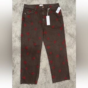 DRIFTWOOD Brown Jeans with Red Floral Design Size 33-L27 High Rise High NWT.
